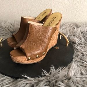 Michael Kors brown leather cork slip on platforms